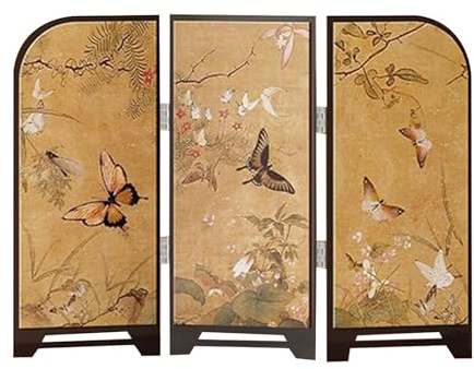 KESOTO Mini Paravent à 3 Panneaux Décoration Traditionnelle Chinoise en Bois et Porcelaine pour Table Chevet Meuble TV Salon, Papillon