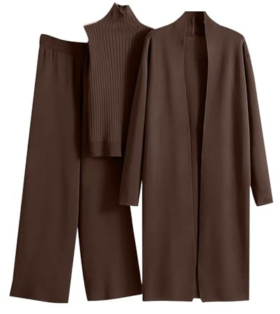 Generisch 3-teiliges Damen-Strick-Lounge-Set: Langarm-Cardigan, ärmelloses Rollkragen-Tanktop und passende weite Hose