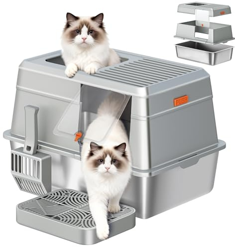 Fobyfurny Edelstahl Katzenklo, XXL Geschlossene Katzentoilette, Hellgrau | Katzentoilette mit Deckel, Inklusive Trittstufe und Schaufel, Leicht zu Reinigen, Zwei Eingänge, Herausnehmbar FPLB204SG1