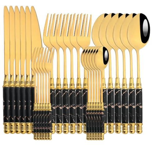 Service de Table en Acier Inoxydable, 24/30 pièces, Couteau, Fourchette, cuillère à thé, Couverts en céramique (Noir et Or, 30 pièces)