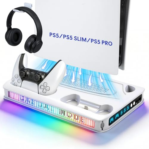 Axrye Support pour PS5/PS5 Slim/PS5 Pro avec ventilateur à 3 niveaux et lumière, support PS5 avec station de charge double manette, support pour casque, emplacement à distance pour PS5