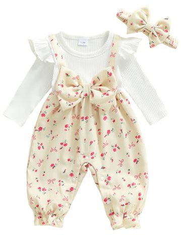PanLidapan Infant Newborn Baby Girls One Pieces Outfit Floral Bow Jumpsuit Long Sleeve Ruffle Romper with Headband Cute Fall Winter Clothes (Khaki, 6-9 Months)