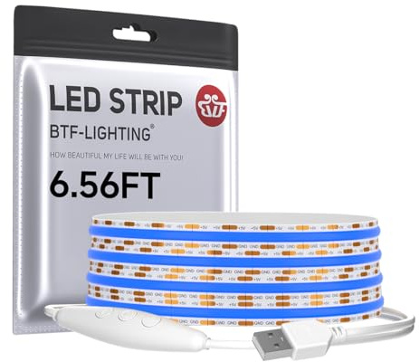 BTF-LIGHTING Dimmbarer USB FCOB COB Blau LED Streifen 2M 640 LEDs DC5V | Hochdicht, Flexible LED Leiste,Ultrahell CRI90+,für Wohnzimmer TV, Schrank, Küche, Gaming PC, DIY Deko(Ohne Dimmer)