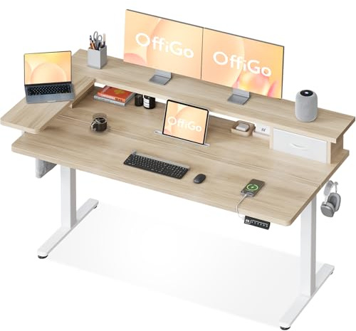 OffiGo Höjdjusterbart Skrivbord med Låda, 140 x 60cm, Beige | Elektriskt höjdjusterbart skrivbord, med Eluttag, USB, Lådor