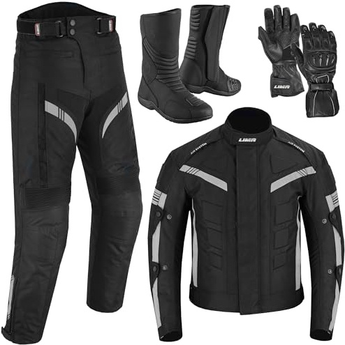 Mens Motorbike 2 Piece Suit Cordura Motorbike Jacket and Trousers with leather Gloves CE armoured Waterproof protective Gear With Motorbike boots (Sand/Grey, XL)
