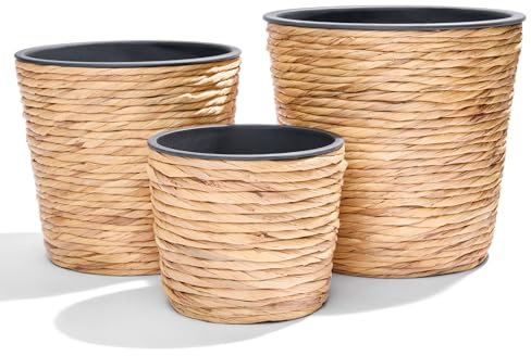 INtrenDU Seegras Übertopf Set 3-teilig mit Innentopf Schwarz – Pflanzkorb Geflochten – Blumenübertopf Boho Deko Zimmerpflanzen Wohnzimmer Wintergarten – 30x28, 25x24, 20x17 cm
