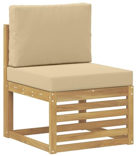 Qnhdfrt Outdoor Mittelsofa aus Massivholz Akazie in Weiß, Gartensofa Modul mit beigen Sitzkissen und Rückenpolster, wetterfestes Loungesofa für Garten, Terrasse und Balkon