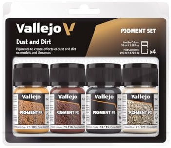 Vallejo Pigment FX Set – 4 synthetische Pigmente à 35 ml für realistische Effekte von Staub, Schmutz und Schlamm in Modellen und Dioramen. Inklusive Anleitung für einfache Anwendung.