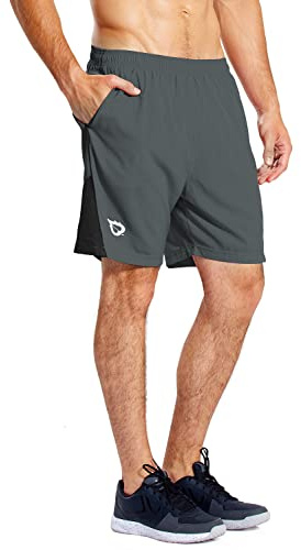 baleaf Men's 7 Running Shorts with Mesh Liner Zipper Pocket for Athletic Workout Gym Gray Medium
