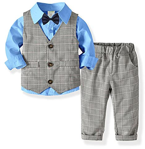 MRULIC Baby Junge Bowtie Gentleman Weste T-Shirt Hosen Hochzeit Anzug Tuch Sets(A-Blau,Höhe:70-80cm)