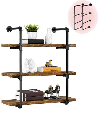 eSynic Industrial Floating Shelf 2PCS 3-Tier Retro Pipe Shelf Rustic Iron Industrial Shelf Mounted Storage Bracket Rack Open Metal Wall Shelving Unit DIY for Towel Bar Bathroom Kitchen Home Decorate