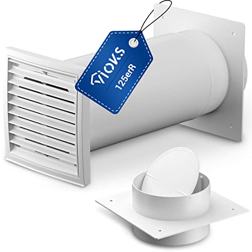 VIOKS Système Aération et Ventilation Extensible, Bouche VMC 125 mm, Traversée de Mur blanche avec Grille Aération et Clapet Hotte Anti Retour | Passage mural pour hotte aspirante, passage mural, climatiseur, raccord mural