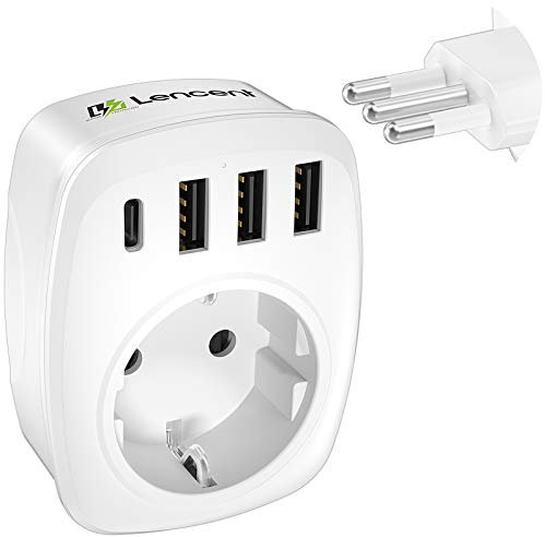 LENCENT Adattatore Presa Germania, EU a IT, Spina di Tipo L, Adattatore Europeo per Italia Cile Uruguay Siria, Presa Elettrica da Parete con 3 USB-A e 1 Type-C e 1 Presa AC