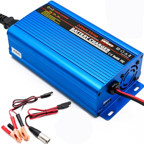 Unocho 24V 5A Battery Charger Smart 4-Stage Lead Acid Battery Maintainer with 3-Pin XLR & Alligator Clips for AGM GEL SLA VRLA WET Batteries (UK Plug)
