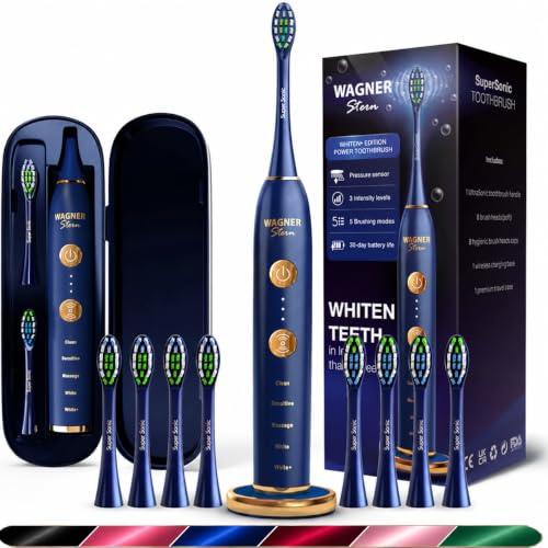 Wagner Stern WHITEN+ Electric Toothbrush, 48,000 VPM, Pressure Sensor, 5 Modes, 8 Brush Heads, Travel Case