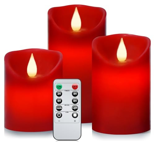 Roomsily Flameless Battery Operated Flickering Candles:3PACK Red Real Wax Pillar Candle,Electric LED Candle with 10-Key Remote Control and 24 Hours Timer for Home Decoration Holiday Party
