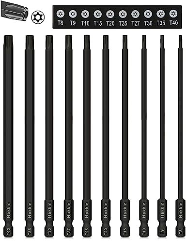 Hakkin 10 Stück 150 mm Torx Bits Set Lang,Bitsatz für Akkuschrauber 1/4 Torx Schraubendreher mit Loch Magnetischer S2 Extra Lange Bits Set T8,T9,T10,T15,T20,T25,T27,T30,T35,T40