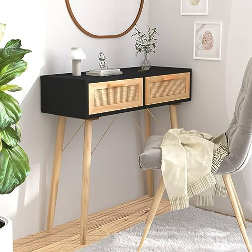 Homgoday Konsolentisch, Schwarz, 80 x 30 x 75 cm, Massivholz, Kiefer und natürliches Rattan, Esstisch, Küchentisch, Gartentisch, Outdoor-Tische