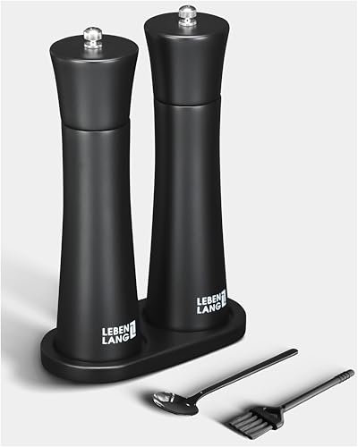 LEBENLANG Moulin à sel et à poivre en bois – Avec cuillère en acier inoxydable et support I Lot de 2 moulins à sel et poivre I Moulin à sel et poivre Moulin à épices Noir Poivre Moulin à poivre Moulin