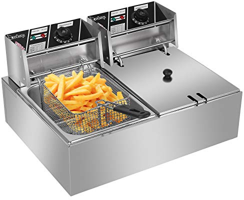 Electric Double Deep Fat Fryer, 5000W Stainless Steel Commercial Deep Fryer with Basket & Lid, Countertop Chip Fryer for Home, Kitchen, Restaurant (12L)