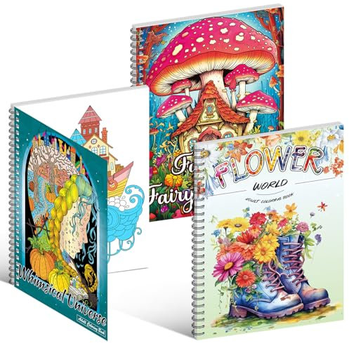 Elfew 3 Stück Malbuch für Erwachsene, A4 Ausmalbuch für Erwachsene mit Blumenwelt, Whimsical Universe Fantasy Fabelhäuser Thema Spiral Malbücher für Frauen Anti-Stress