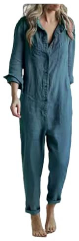 Tdvcpmkk Damen Einreihiger Jumpsuit mit Knöpfen aus Baumwolle und Leinen, Umlegekragen, elastische Taillentaschen, Arbeitsoverall, Stil 3, 36
