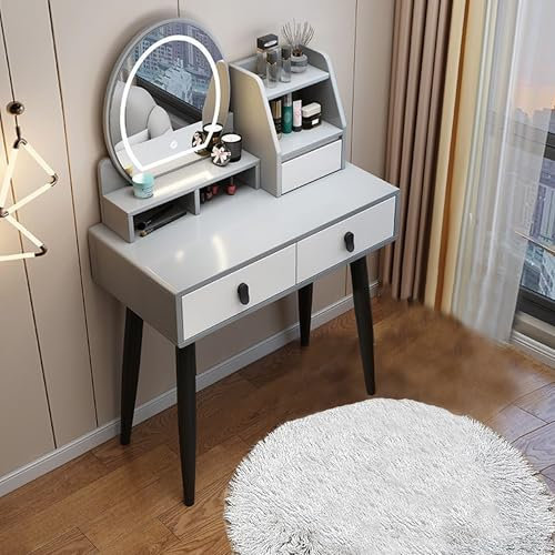 FUKEFUZ Schminktisch mit intelligentem Spiegel und Beleuchtung, Aufbewahrungsschrank, Schminktisch mit Stuhl, Kommode mit Spiegel und Hocker, ideal für Schlafzimmer oder kleine Räume(Gray,A_39.4IN)