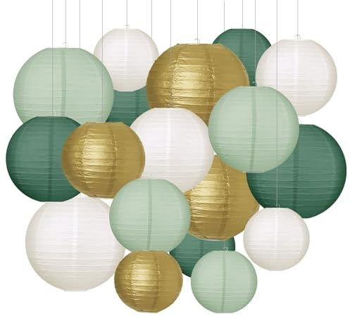 Idota 20 Stück Papierlampion, Salbeigrün Papier Laterne (Ø 15/20/25/30cm) | Runde Hängende Papierlaterne Dekoration Classic Gerippter Papier Lampenschirm für Hochzeit Babyparty Gartenparty