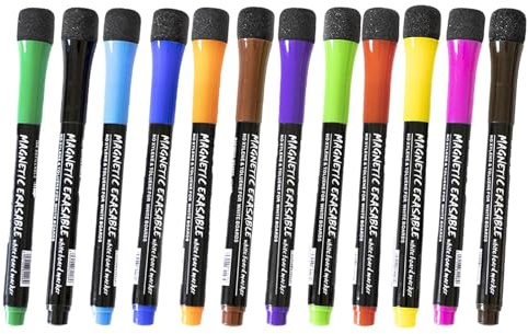Magnetische, trocken abwischbare Marker, Magnetische, trocken abwischbare Marker, Magnetische Whiteboard-Marker mit feiner Spitze und Radiergummi, 12 x geruchsarme Whiteboard-Stifte mit feiner Spitze,