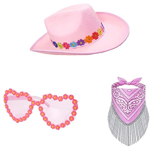 GANYKQ Damenhut, Westernhut, Halstuch, Schal, Herzform, Set, Partyhut, Kostüm, Hut, Kopfschmuck, Rosa 01, Wie Beschrieben