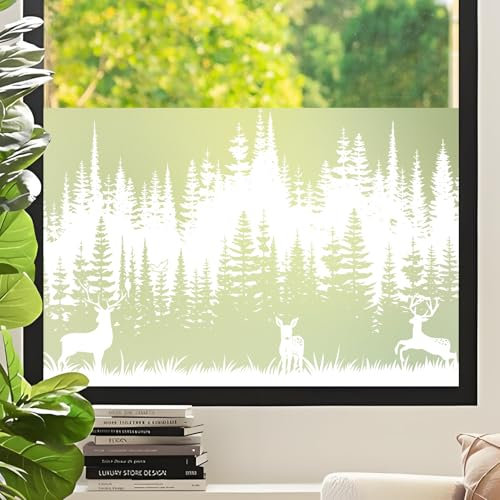 DKTIE Fensterfolie Blickdicht Sichtschutzfolie Fenster Milchglasfolie Waldmuster Statisch Haftend Anti-UV Kein Kleber Wiederverwendbar Geeignet für Wohnzimmer, Schlafzimmer (01, 44,5 x 200 cm)
