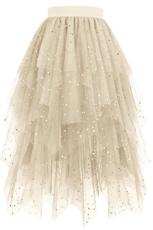 Tüllrock Damen Lang Tütü Damen Karneval Kostüm 50Er Retro Ballet Tanzrock Mehrschichtiger Mesh Faltenrock A-Linie Hoher Glitzer Tüllrock Rockabilly Petticoat Tutu Party Ballettrock