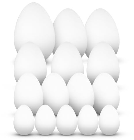 Netuno 15 Uova di polistirolo 5 x 5 cm 4 x 7 cm 3 x 8 cm 2 x 9 cm 1 x 10 cm Set di Uova in polistirolo Bianco Ideale per Pasqua Decorazione Fai da Te