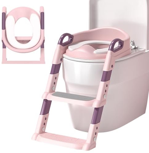 HTRTRR Riduttore WC per bambini con conduttore regolabile, riduttore WC per bambini, portatile, pieghevole, per V, U, O(Rosa)