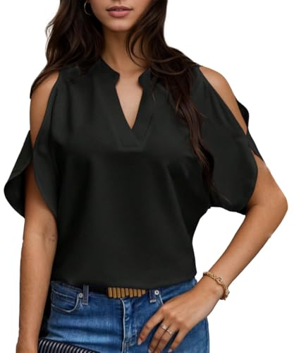 EMOTTOS Camiseta con Cuello en V para Mujer, Camisa Sexy con Manga de ala de Murciélago, Elegante sin Tirantes Top Moda Fiesta de Discotecas Ropa de Verano para Damas, Negro, M