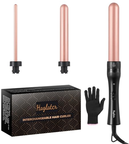 Haglater Lockenstab, 3 in 1 Lockenstäb set mit Verschiedenen Aufsätzen für Große und Kleine Locken Keramik Turmalin, 9-32mm Schnellaufheizung 2 Einstellbare Temperatur für Lange/kurze Haare