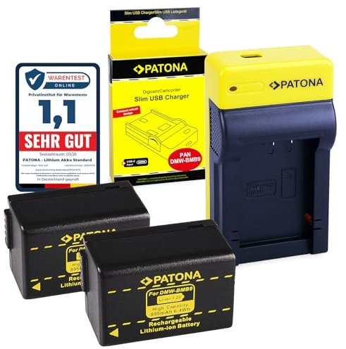 PATONA 2X Akku DMW-BMB9 mit Slim Ladegerät USB-C kompatibel mit Panasonic Lumix DC-FZ82 DC-FZ82D DC-FZ83 FZ82 FZ82D FZ83 DMC FZ40 FZ45 FZ47 FZ48 FZ60 FZ62 FZ70 FZ72 FZ100 FZ150 DMW BMB9