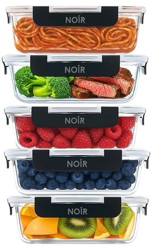 NOIR 5-Piece Glass Food Storage Containers – 1040ml Meal Prep Set – Airtight, Leakproof, BPA-Free – Oven, Microwave, Freezer & Dishwasher Safe