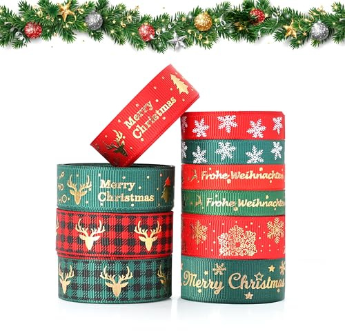 Sfoni 10 Rollen Geschenkband Weihnachten Deko Weihnachtsbänder Schleifenband Stoffband zum Dekorieren Bedruckte Weihnachtsmotiv Basteln Geschenk Verpackungsbänder