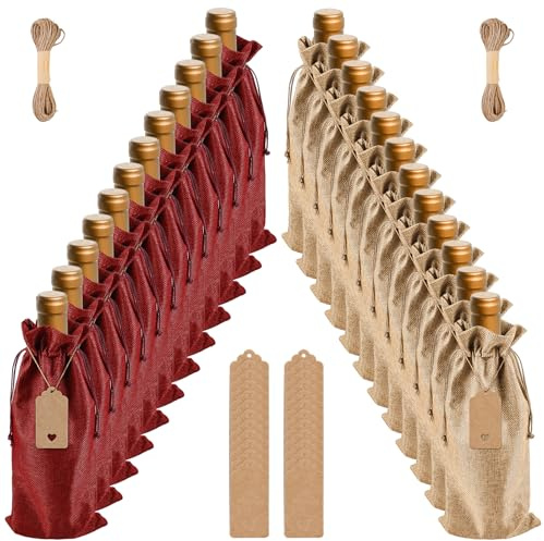 24 Stück Jute Weinbeutel Set: Hochwertige Weinflaschenbeutel mit Kordelzug und Anhänger, Wiederverwendbare Geschenktüten Flaschen, Sackleinen Wein-Geschenkbeutel für Hochzeit Party Geschenkverpackung