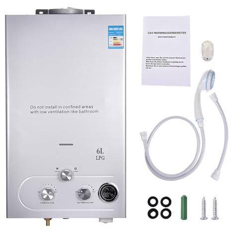 6-LPG Chauffe-eau instantané à gaz 32 kW GPL propane Chauffe-eau instantané Super faible pression de démarrage 0,5 bar Pour douche et utilisation quotidienne Excursions en camping Argent