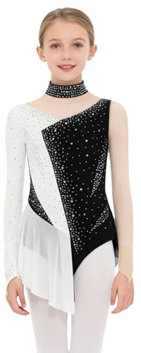 Agoky Mädchen Langarm Eiskunstlauf Kleid Glänzend Strasssteine Tanzkleid Mesh Spleiß Leotard mit Tutu Rock und Slip Dancewear