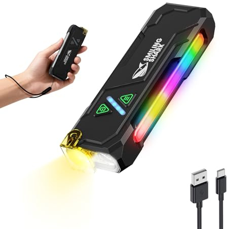 Smiling Shark Lampe Torche ML01, Flashlight LED Rechargeable USB Magnétique Avec Lumière Blanche, Jaune, Violette et RGB Lampe de Poche Mini Compact avec Clip Pour Camping Randonnée Urgences (Noir)