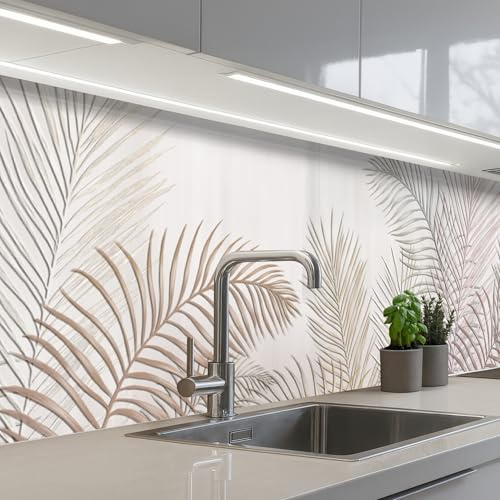 KitchenYeah© Rückwand Küche Rückwandschutz Selbstklebend Spritzschutz | 60x300 cm - Küchenrückwand Küchenfront Küchen Selbstklebende Küchenrückwände Blätter - Beige - Botanisch - Vintage