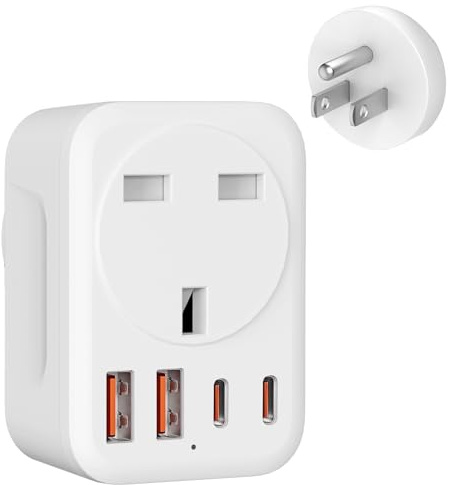 Dalimee UK to US Plug Adaptor, 5 in 1 UK to USA Plug Adapter with 2 USB-A and 2 USB-C Ports, Fast Charger, London to American Plug Type B for US/Canada/Mexico/Thailand and More