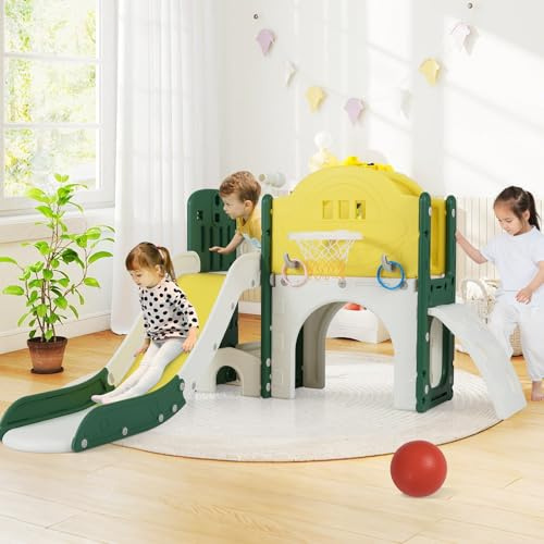 GOPLUS 9 en 1 Toboggan Interieur Enfants Grimpeur avec Télescope, Anneaux, Panier Basket, Tunnel Ramper, Couloir, Rangement et Accessoires, Aire de Jeux Interieurpour Enfants 1,5 Ans (Vert,9 en 1)