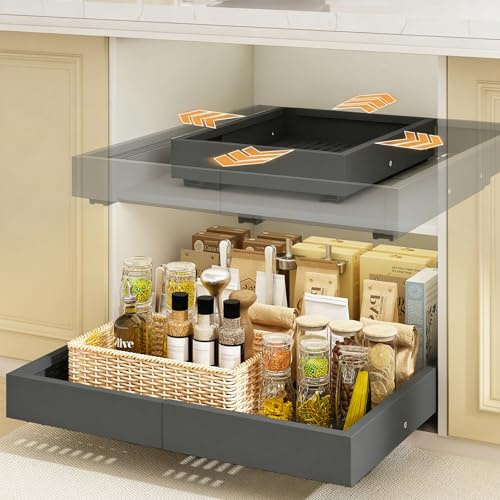 Mointal 2 Stück 4 Richtungen Teleskopschublade, Metall Schrank-Schubladen-Organizer, Verstellbare Breite 32–53 cm & Tiefe 41,5–61 cm, Ausziehbare Schublade Küche, Schraub-/Klebemontage, Grau | Metall Ausziehbare Schublade Küche, Breite 32–53 cm & Tiefe 41,5–61 cm, Schraub-/Klebemontage, Für Küche & Schrank