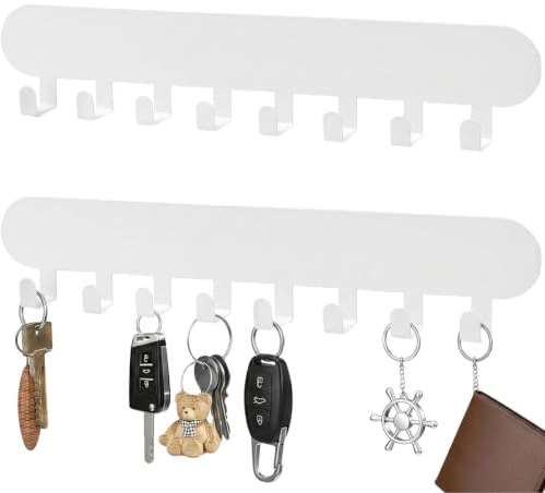 Lazheng 2 Stück Schlüsselhaken Ohne Bohren Selbstklebende Schlüsselbrett mit 8 Haken, Weiße Schlüsselleiste zur Wandmontage Moderne Wand Schlüsselhalter Schlüssel Organizer für Wohnzimmer, Küche, Büro