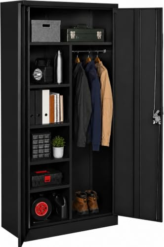 LORVIK Armario Metálico Gris con Cerradura – Armario de Almacenamiento Multiusos con Puertas Dobles, Gran Capacidad y Diseño Resistente para Oficina, Hogar y Archivo (Negro, con Barra)