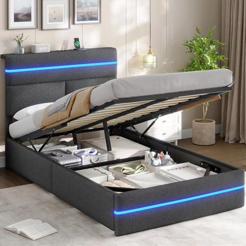 AOGLLATI Bett 90x200 mit Hydraulischem Stauraum, Polsterbett mit LED-Kopfteil & Ladestation (3 USB + 1 Type-C),Jugendbett mit Lattenrost,Boxspringbett als Einzelbetten,Dunkelgrau Leinen(ohne Matratze)